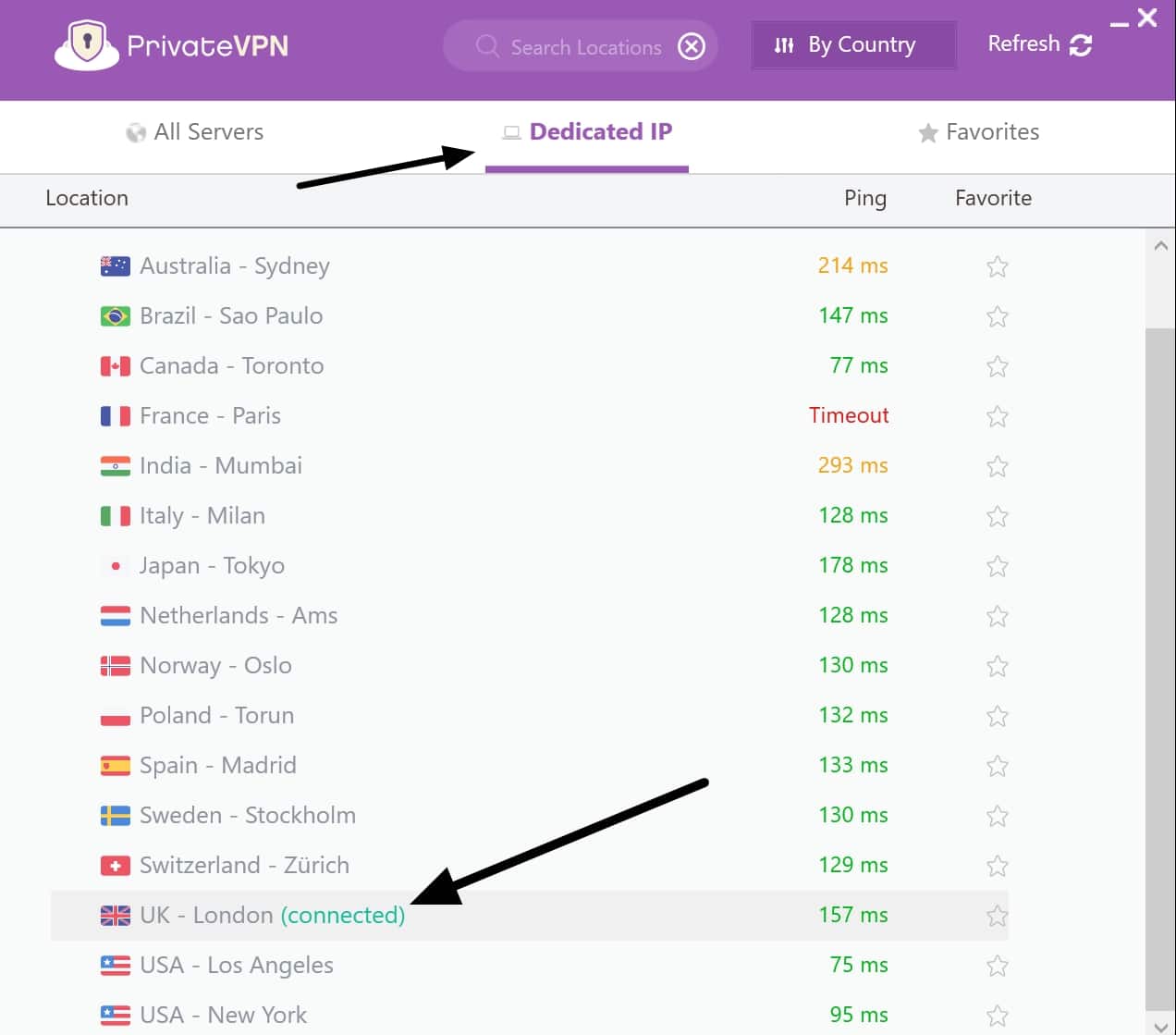 PrivateVPN server selection