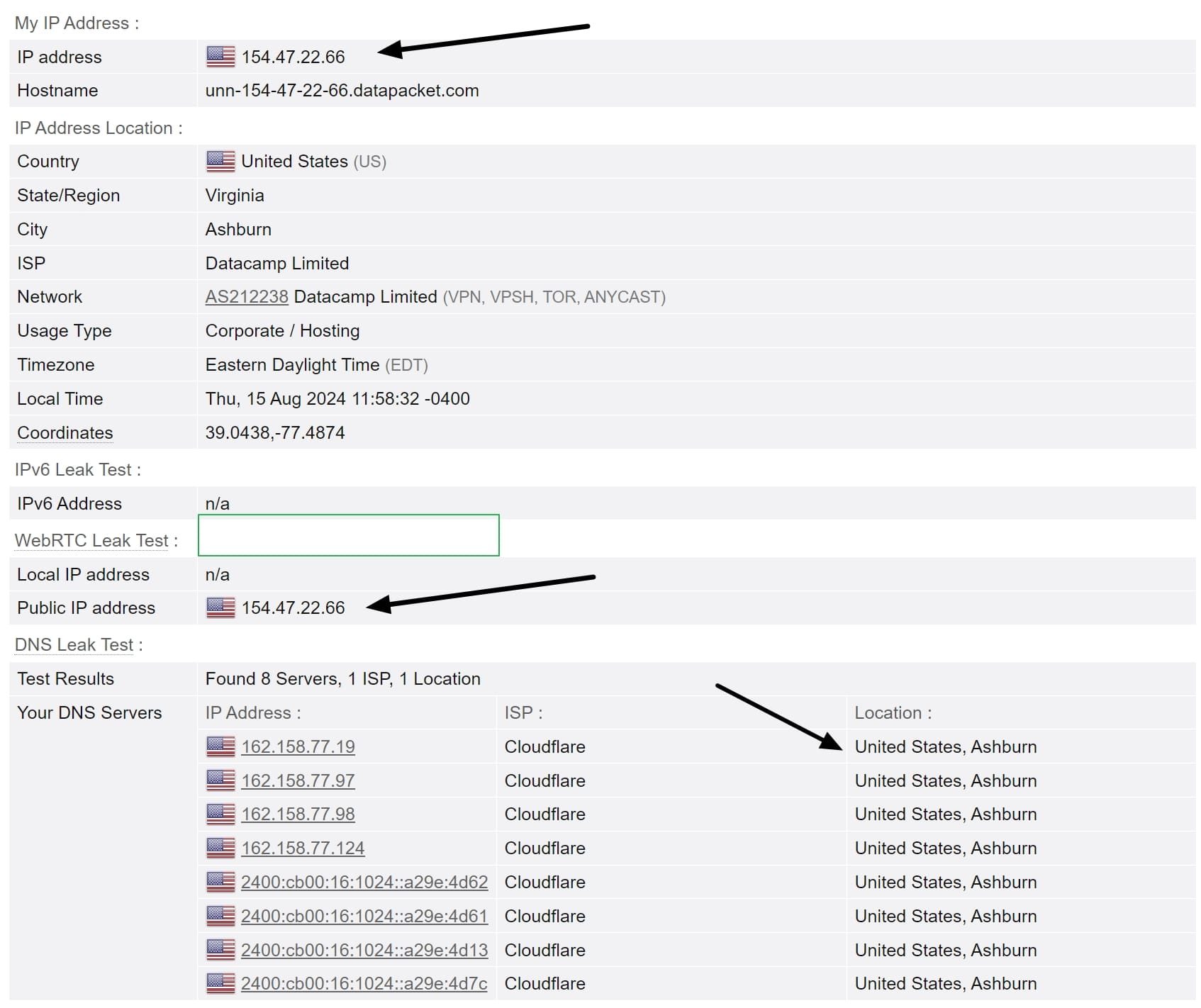 ProtonVPN DNS leak results