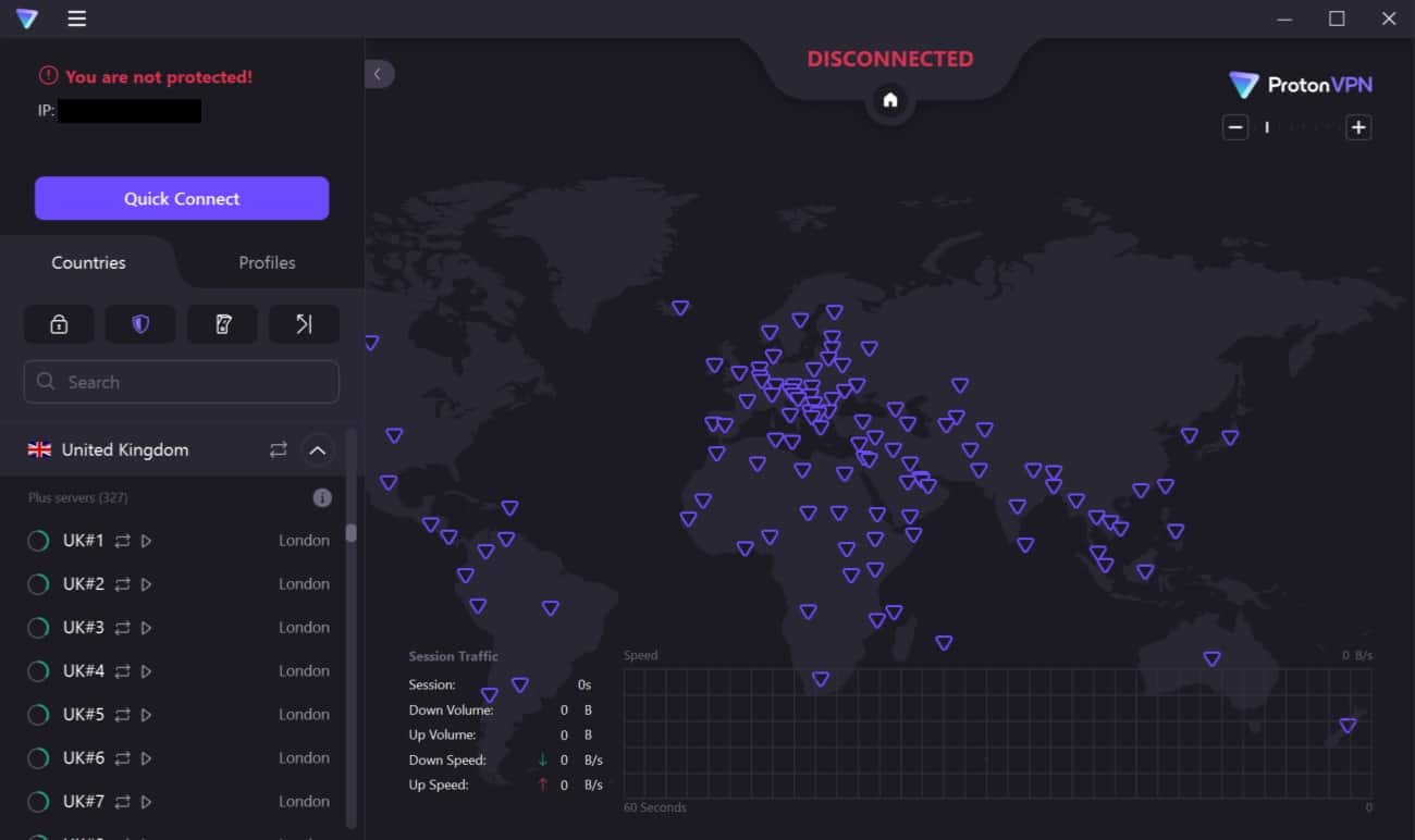 Screenshot showing ProtonVPN's London servers