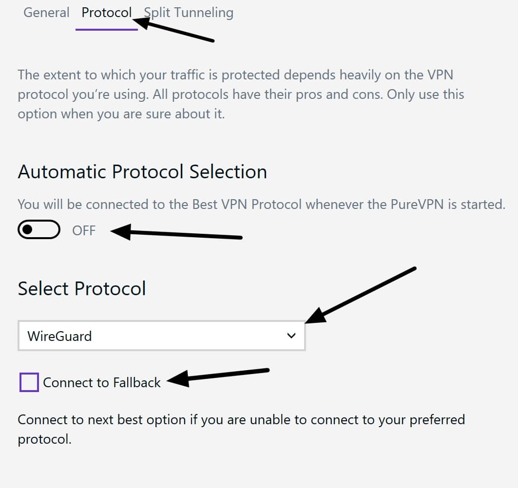 PureVPN protocol selection