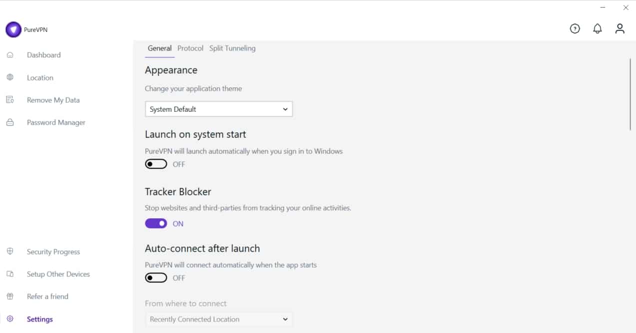 PureVPN General settings.