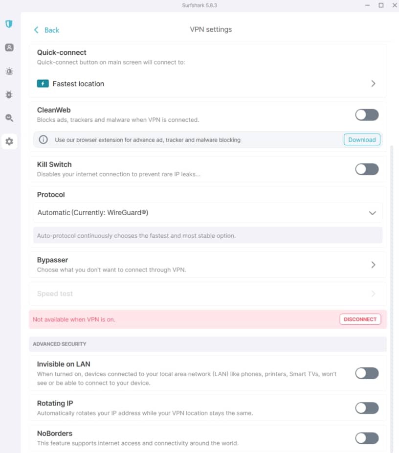 Surfshark Settings options.