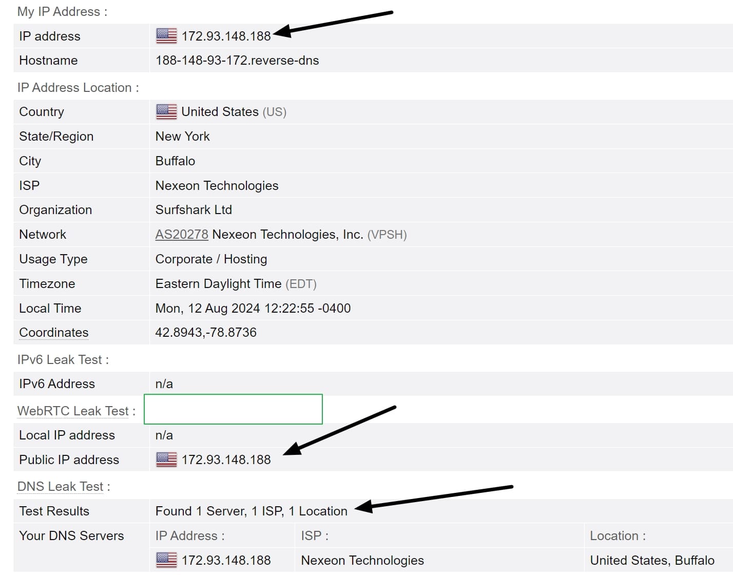 Surfshark IP leak results