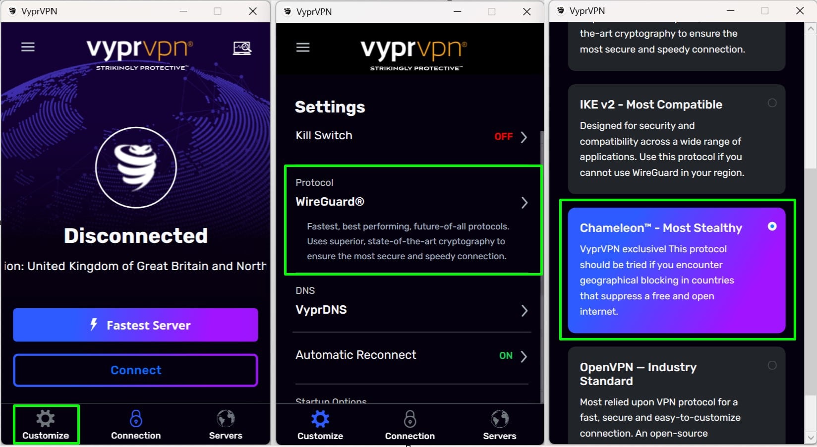 Activating VyprVPN's Chameleon mode