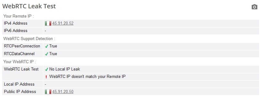 ExpressVPN WebRTC leak test.