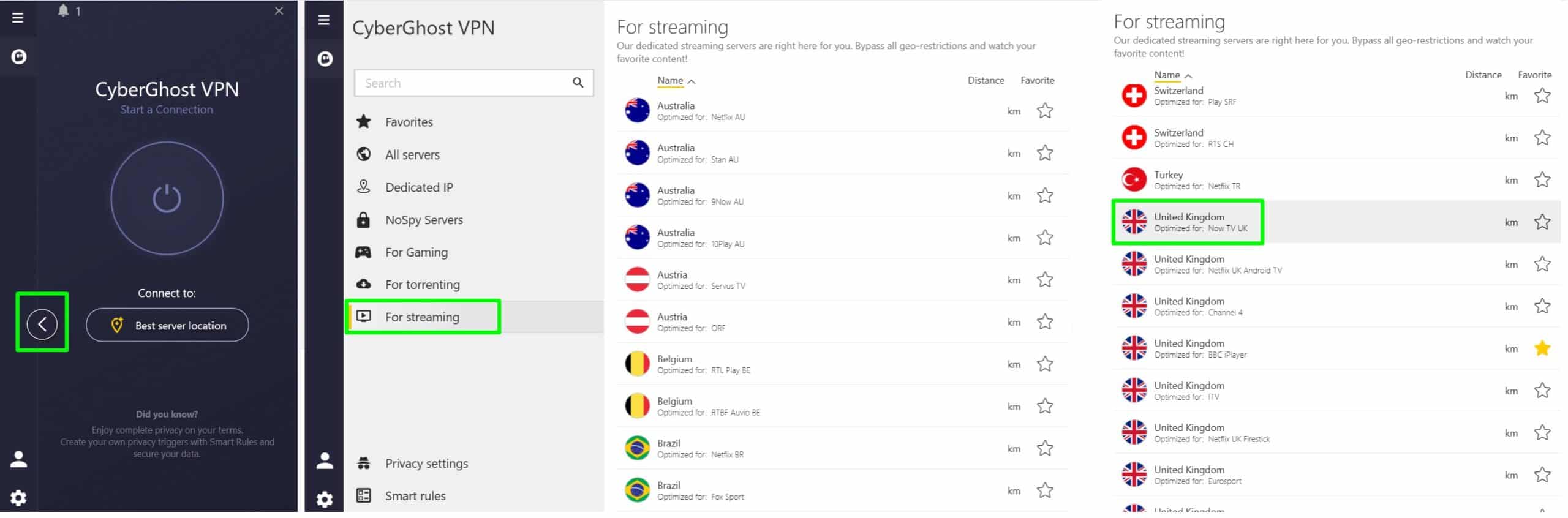 Screenshot showing CyberGhosts British servers