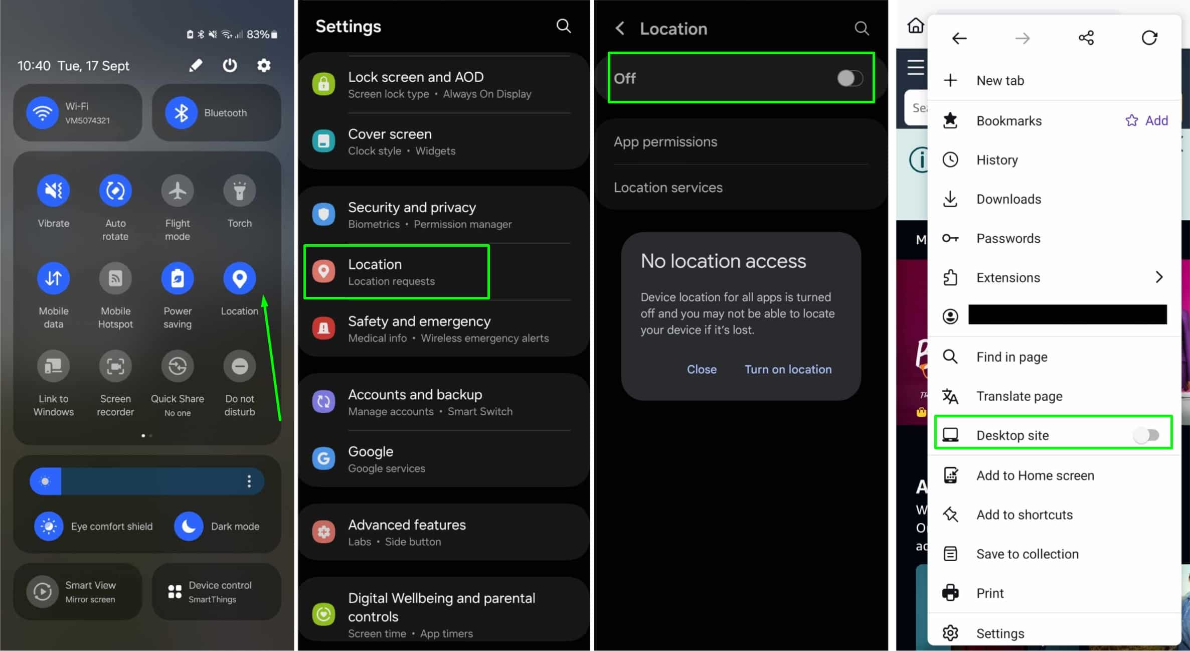 Screenshot showing how to disable location settings on Android