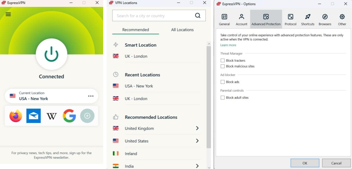 Screenshot of ExpressVPN's home screen, server select, and settings menu