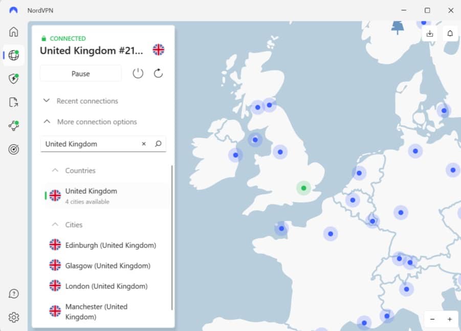 Screenshot showing NordVPN's British server locations