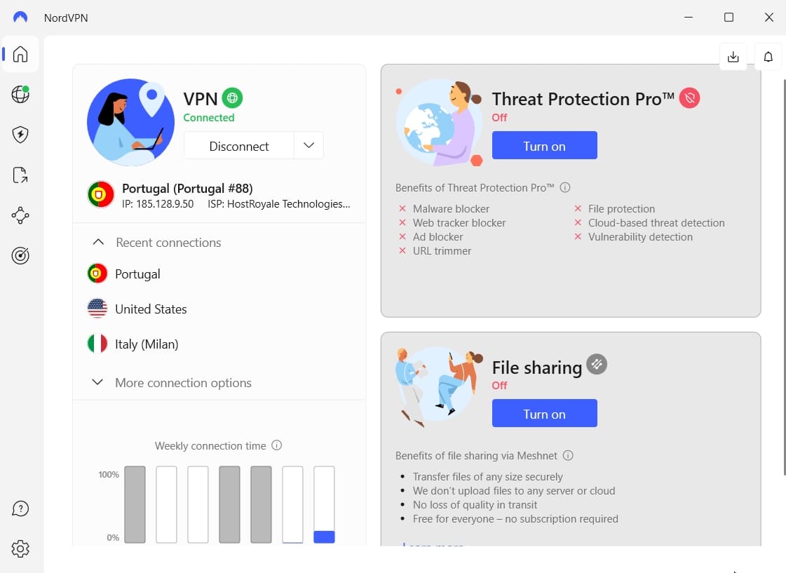Screenshot of NordVPN's dashboard