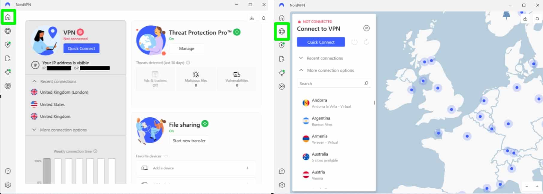 Screenshot showing NordVPN's main screen and server selection tab