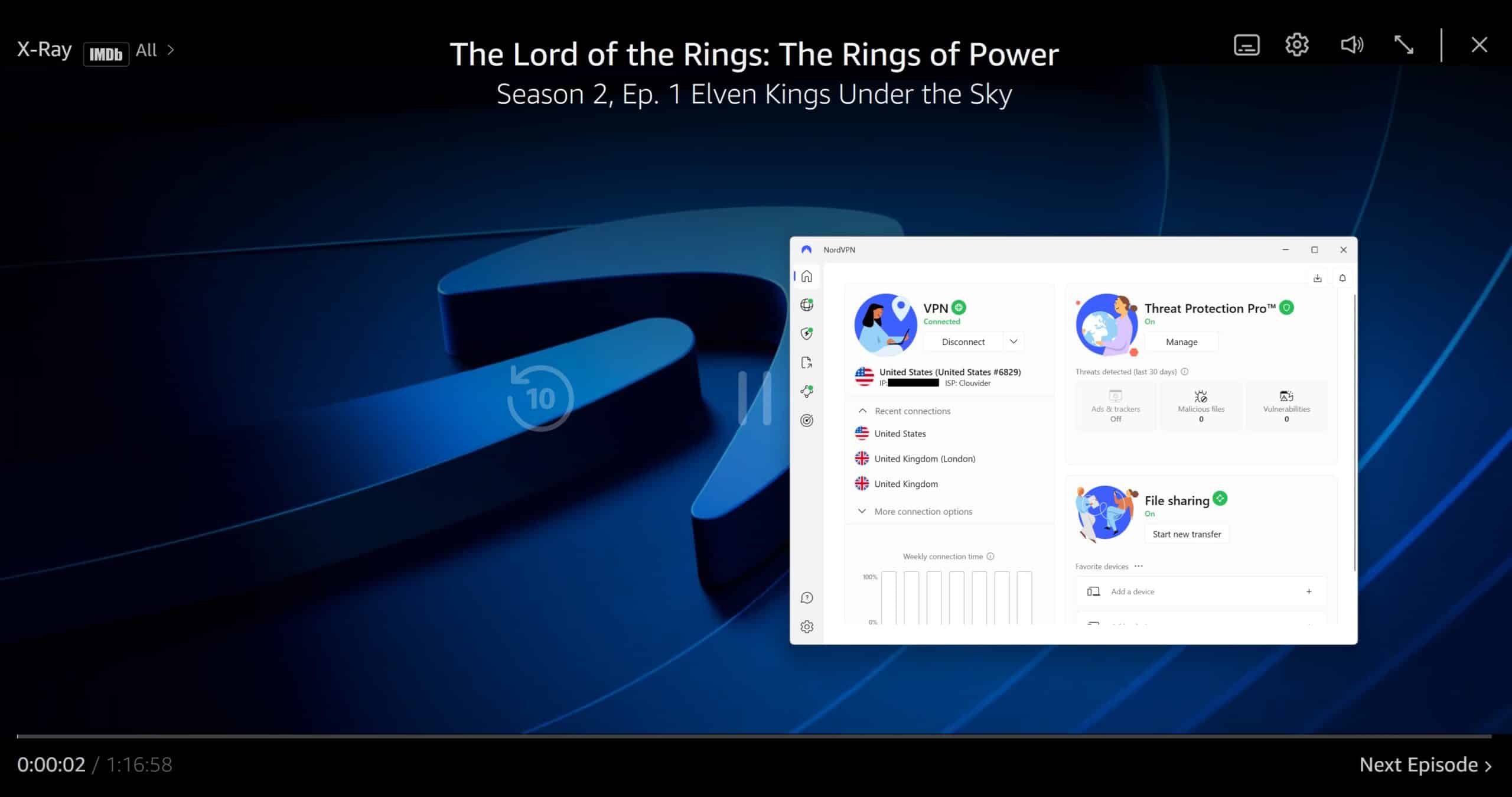Screenshot showing us streaming Prime Video with NordVPN connected