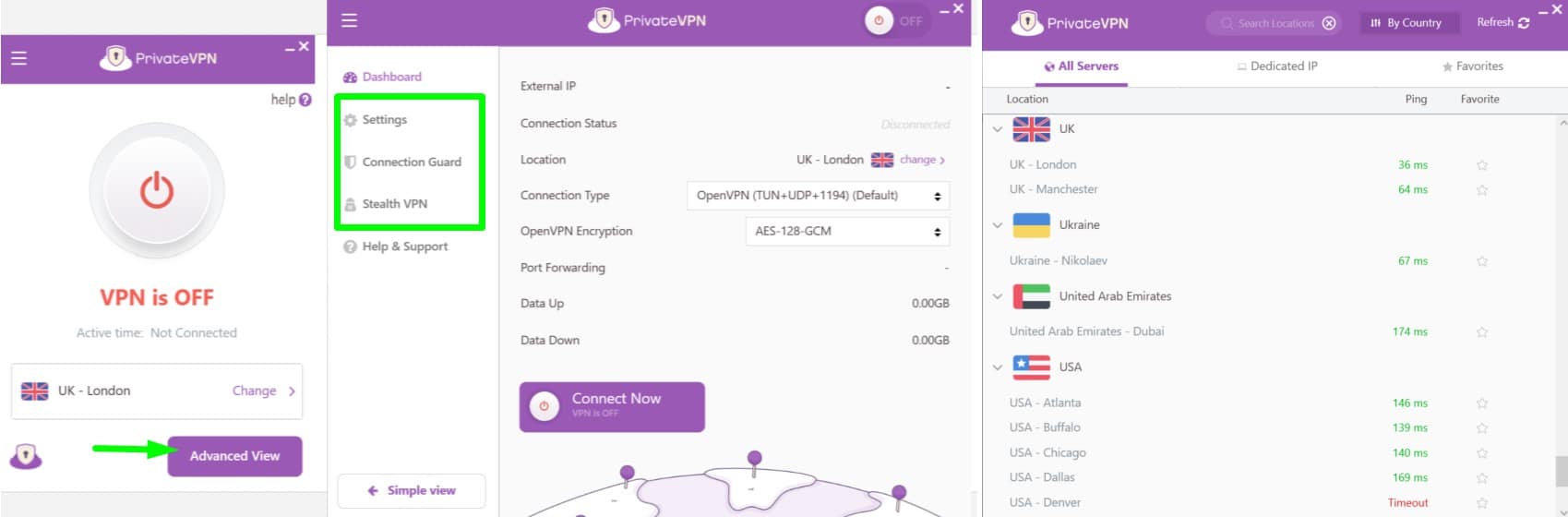 Screenshot of PrivateVPN's standard and advanced views