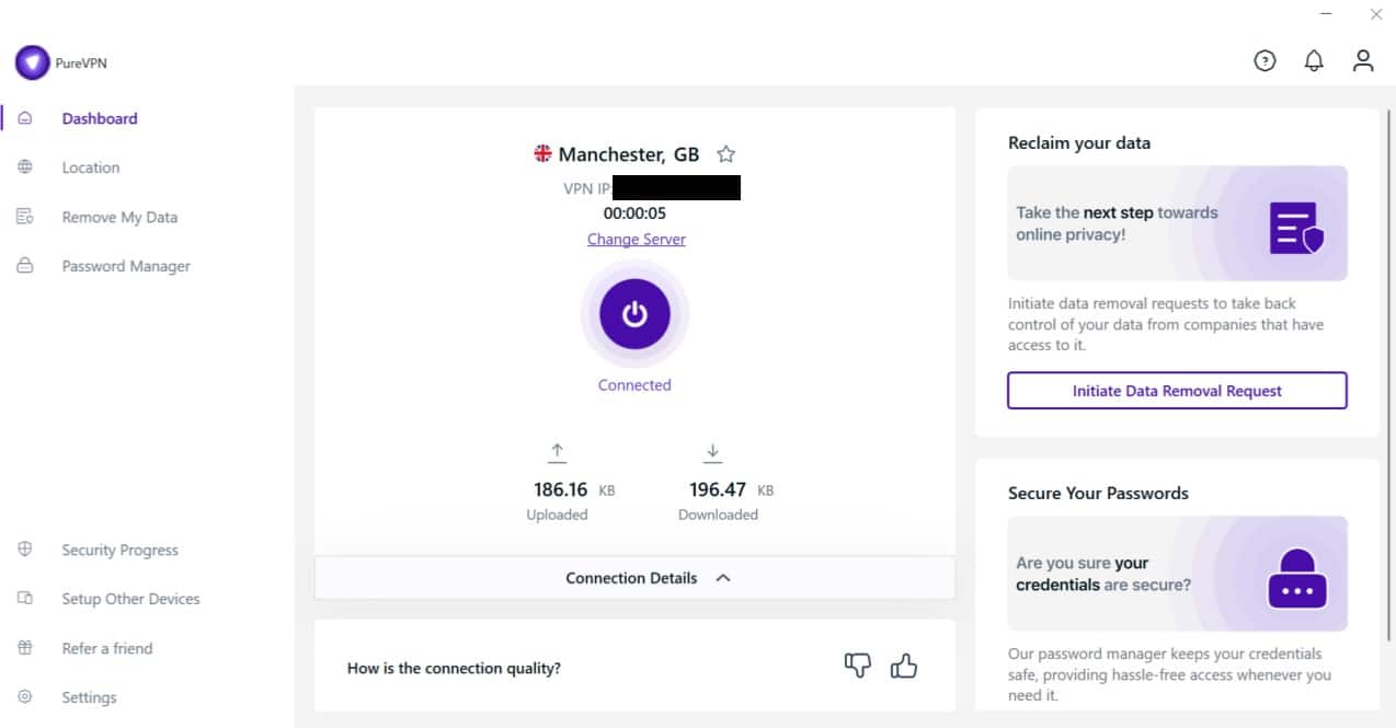 Screenshot of PureVPN's Windows app