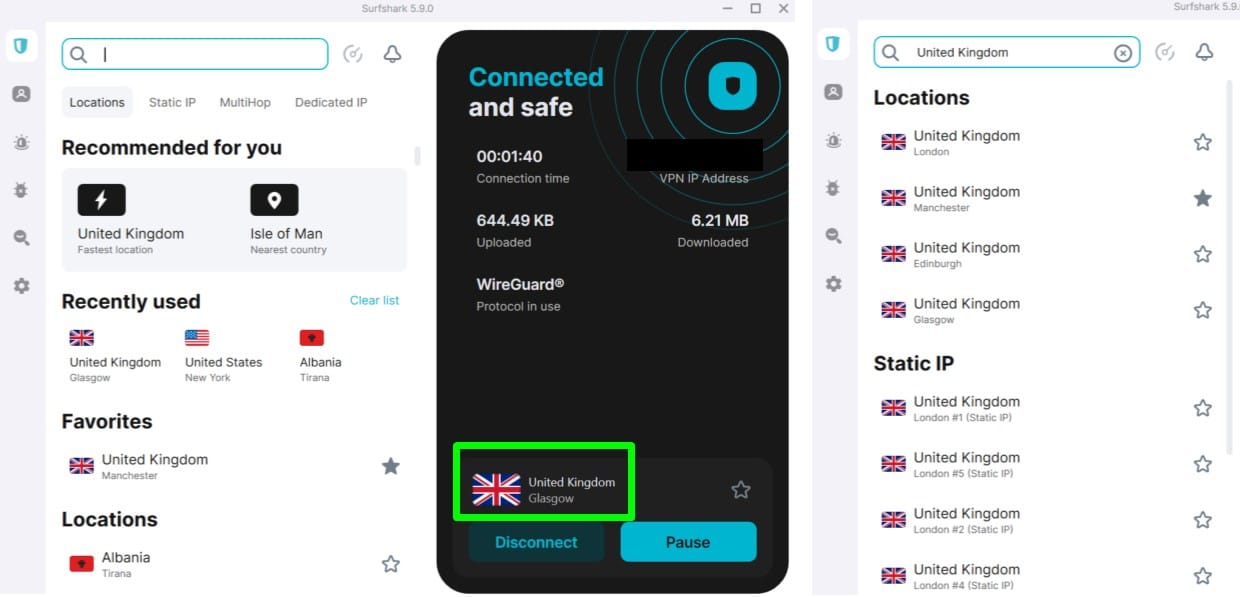 Screenshot showing Surfshark's UK servers