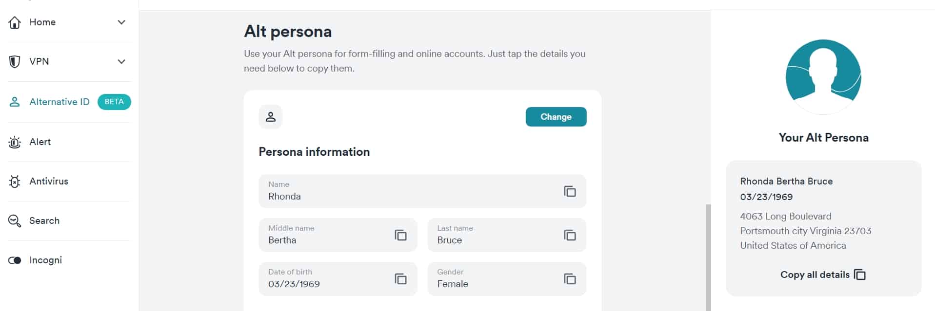 Screenshot of Surfshark's alternative ID in action