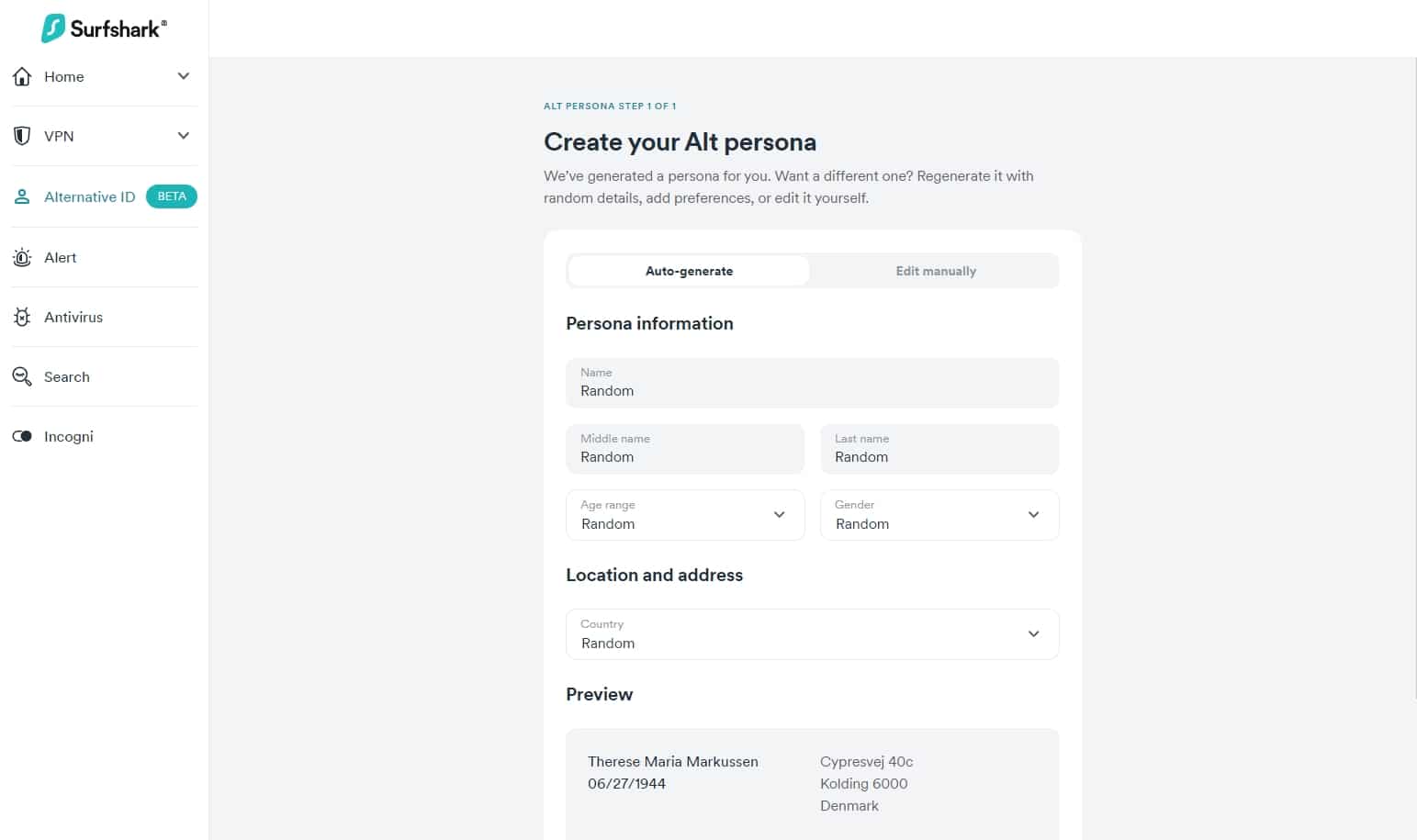 Surfshark's Alternative ID feature.