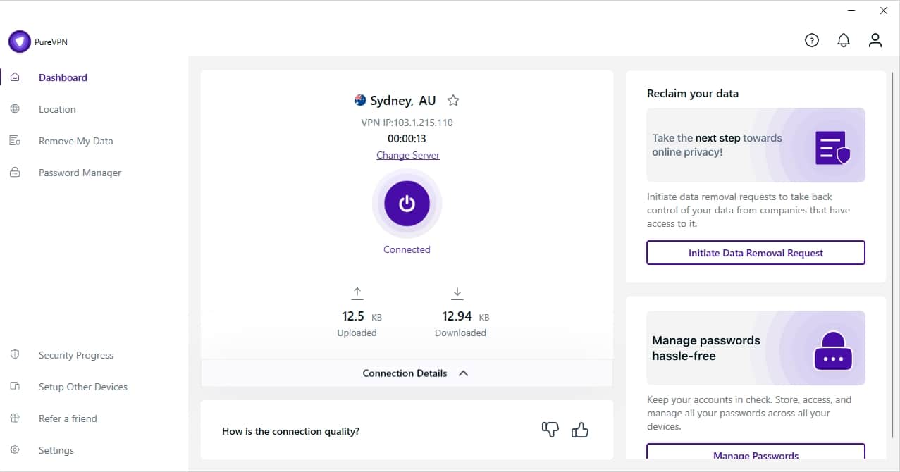 The PureVPN dashboard.
