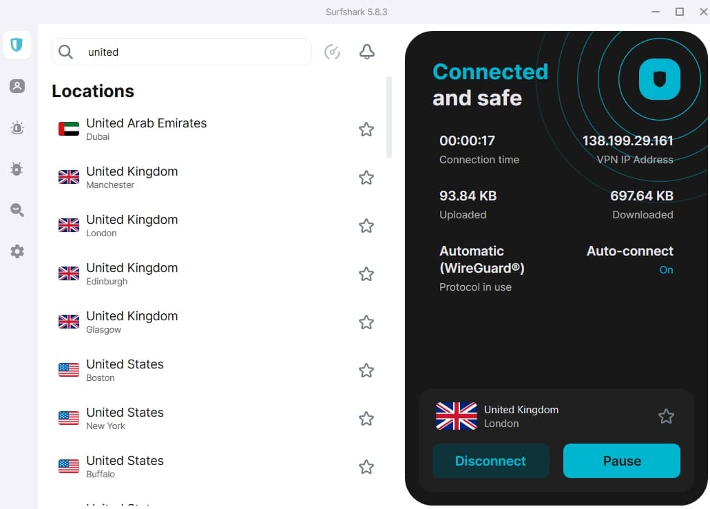 Screenshot of Surfshark's dashboard