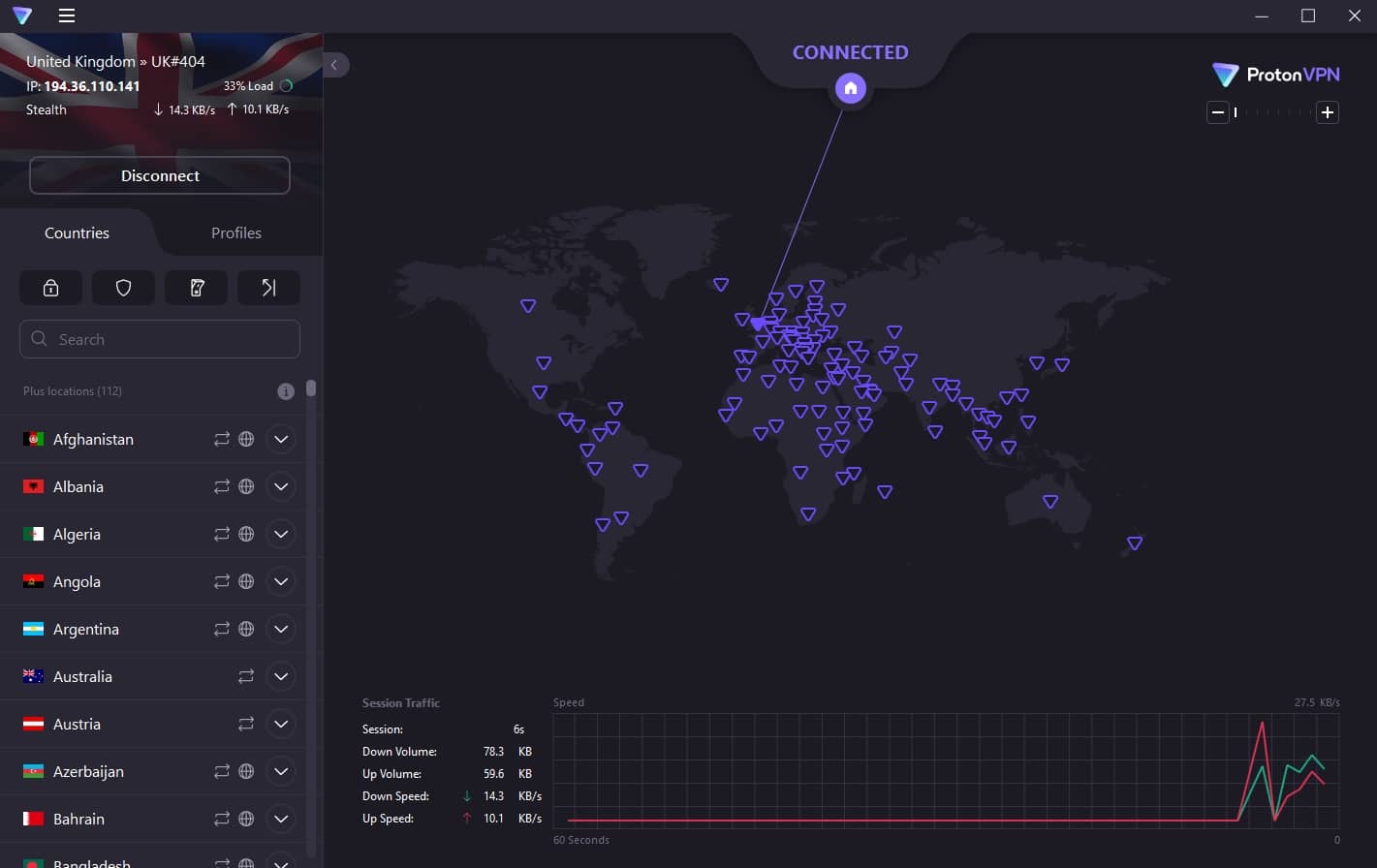 Screenshot of ProtonVPN's dashboard
