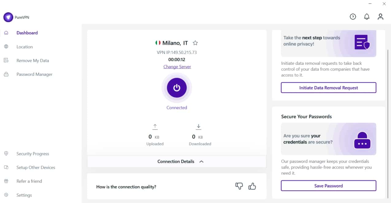 Screenshot of PureVPN's dashboard