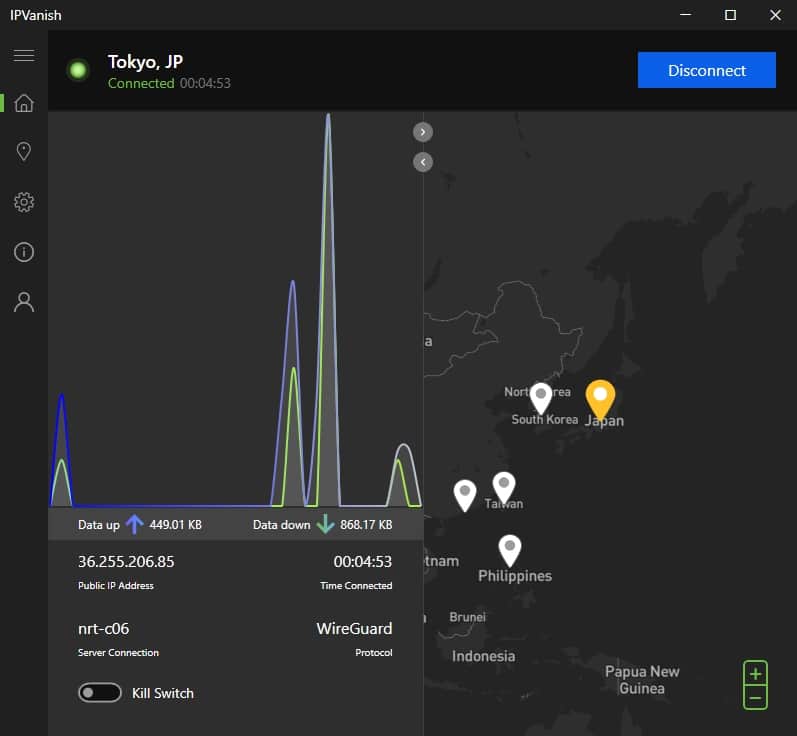 Screenshot of IPVanish's dashboard