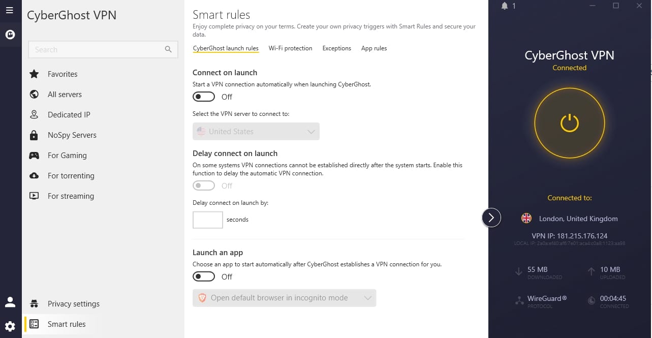 Screenshot of CyberGhost's launch rules settings