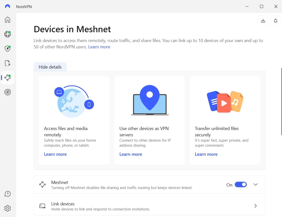 Screenshot of NordVPN's Meshnet settings