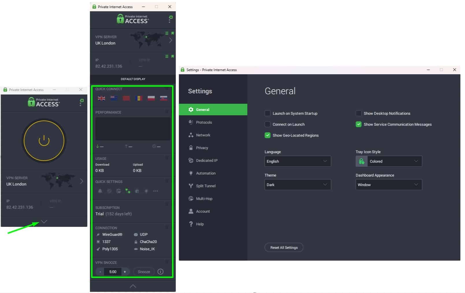 Screenshot of PIA's standard and expanded views, plus the settings menu