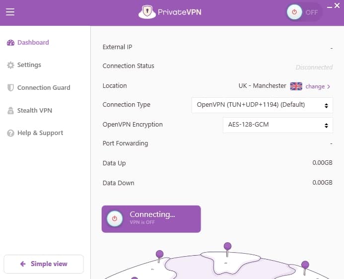 Screenshot of PrivateVPN's advanced view