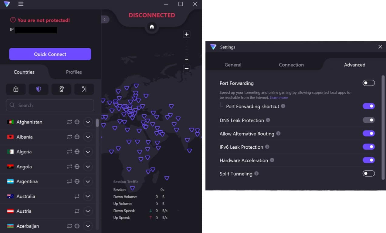 Screenshot of ProtonVPN's main scren and settings menu