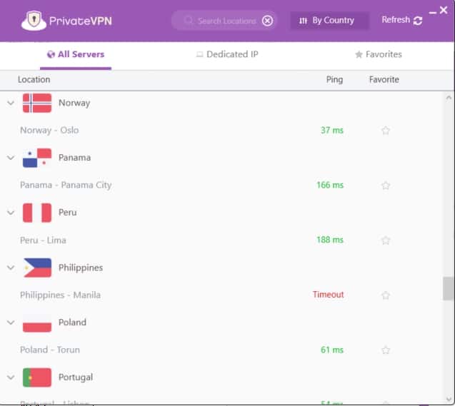 PrivateVPN server list.