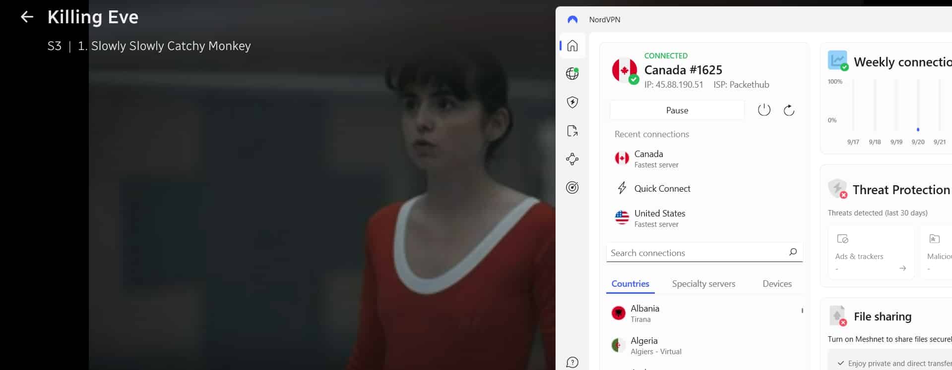 Screenshot of NordVPN open and CBC streaming