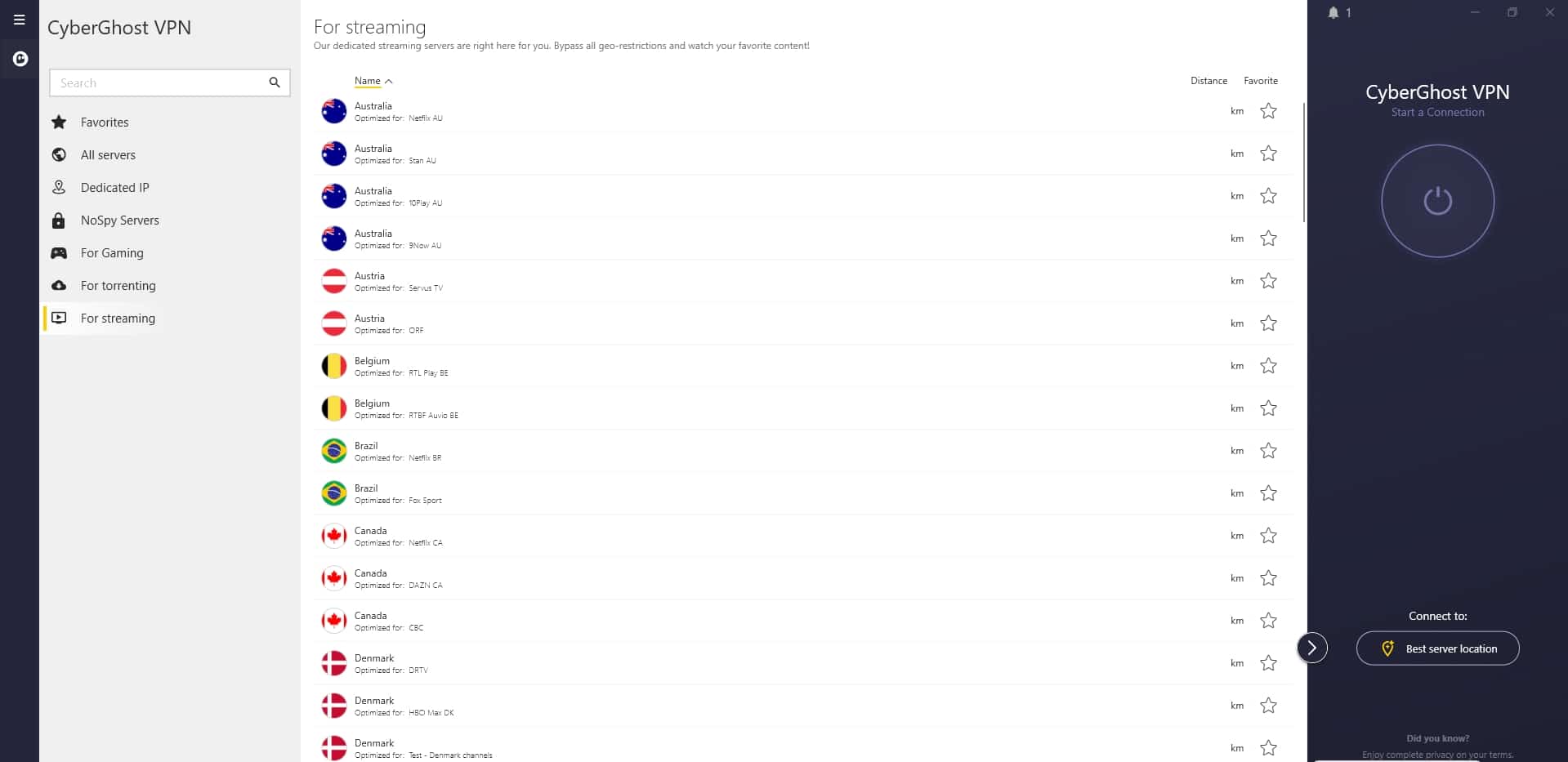 CyberGhost streaming servers.