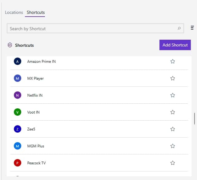 PureVPN's Shortcuts menu.