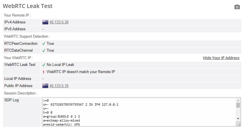 WebRTC leak test.