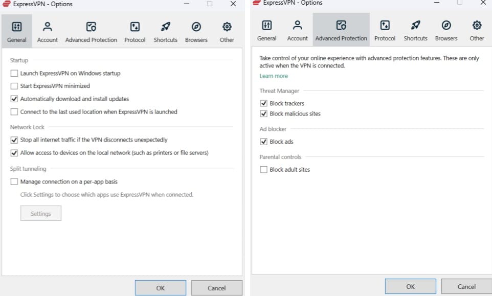 Screenshot of ExpressVPN's settings menu