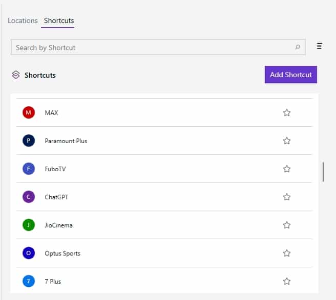 The PureVPN shortcuts menu.