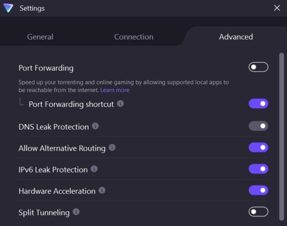 Screenshot of ProtonVPN's advanced settings menu