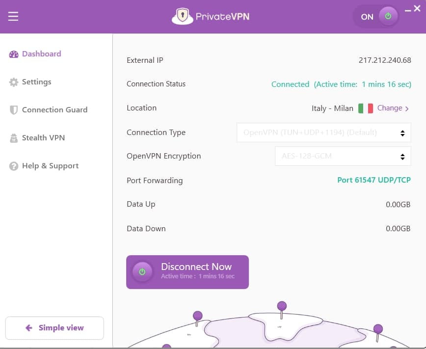 PrivateVPN's Advanced View.