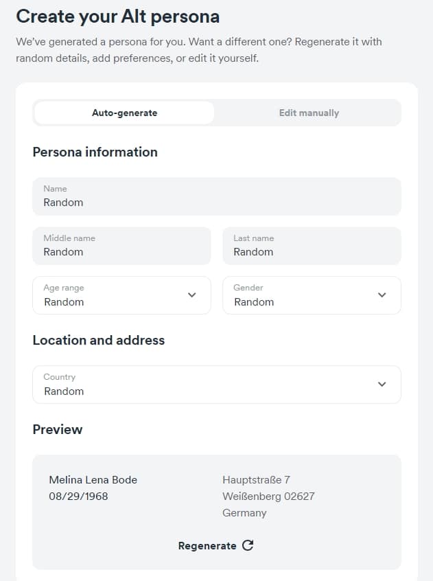 Surfshark's Alternative ID tool.