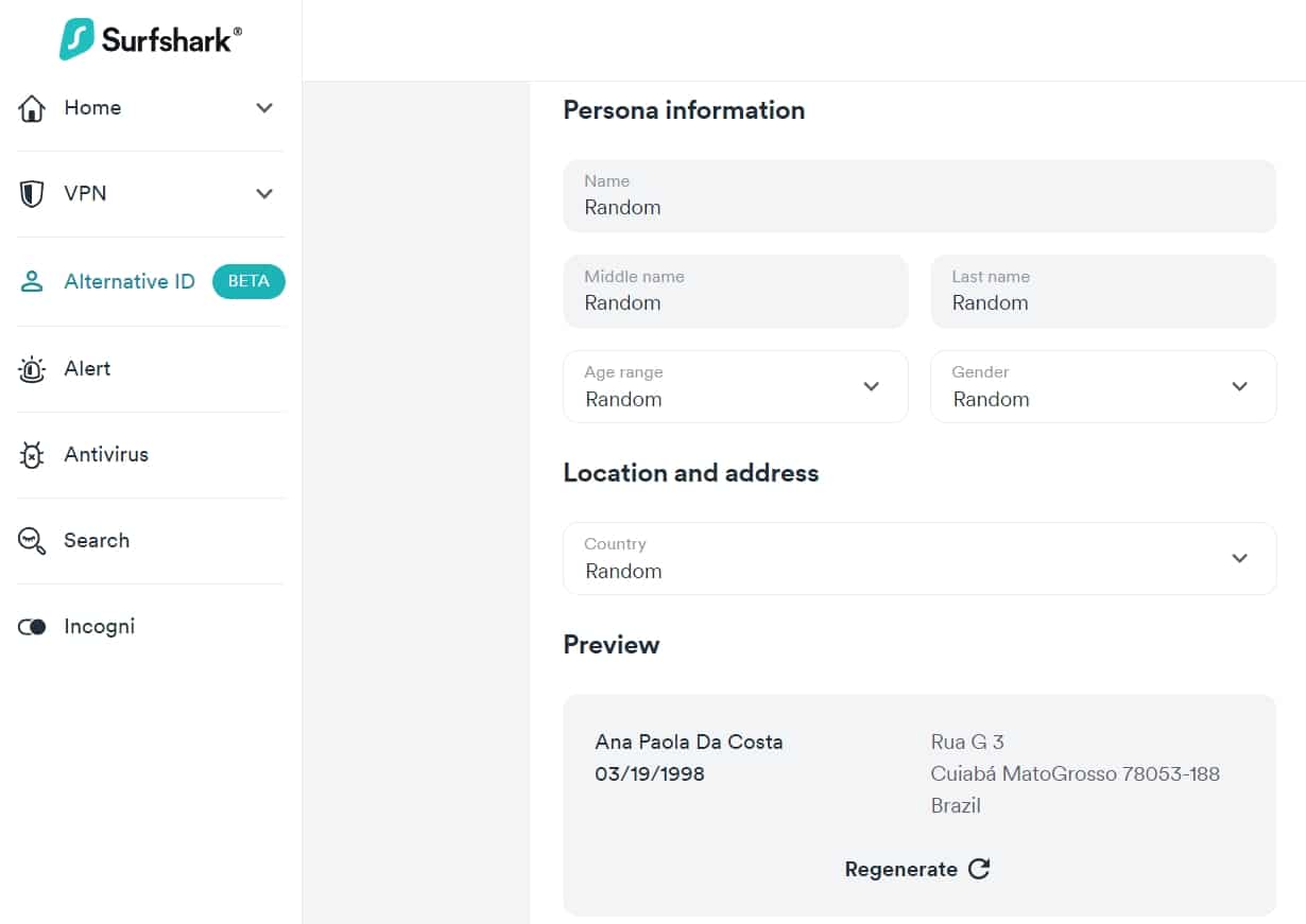Surfshark's Alternative ID tool.
