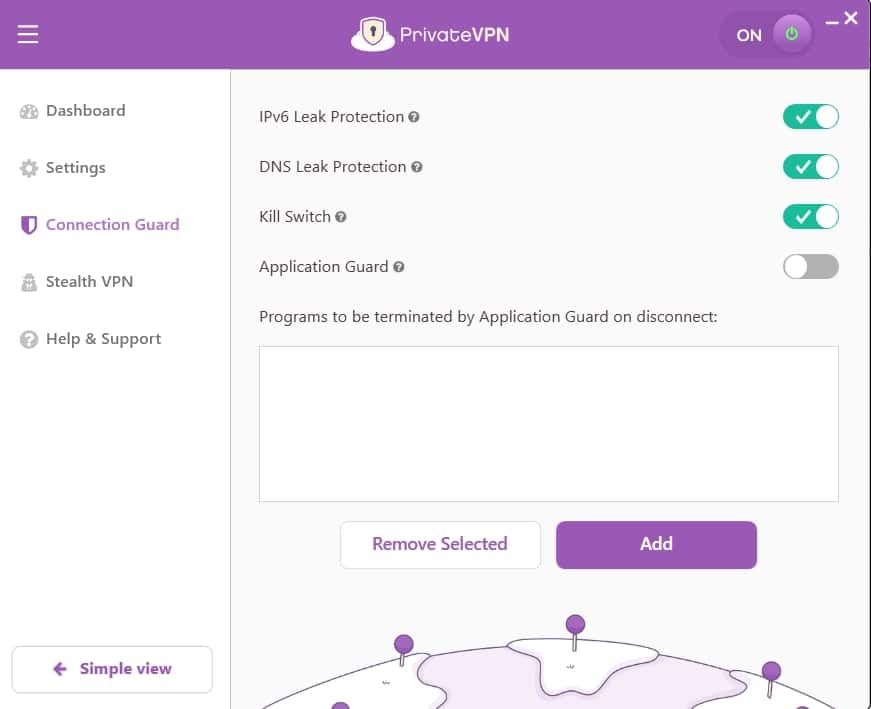 Screenshot of PrivateVPN's connection settings menu
