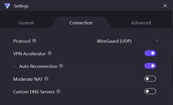 ProtonVPN connection options.