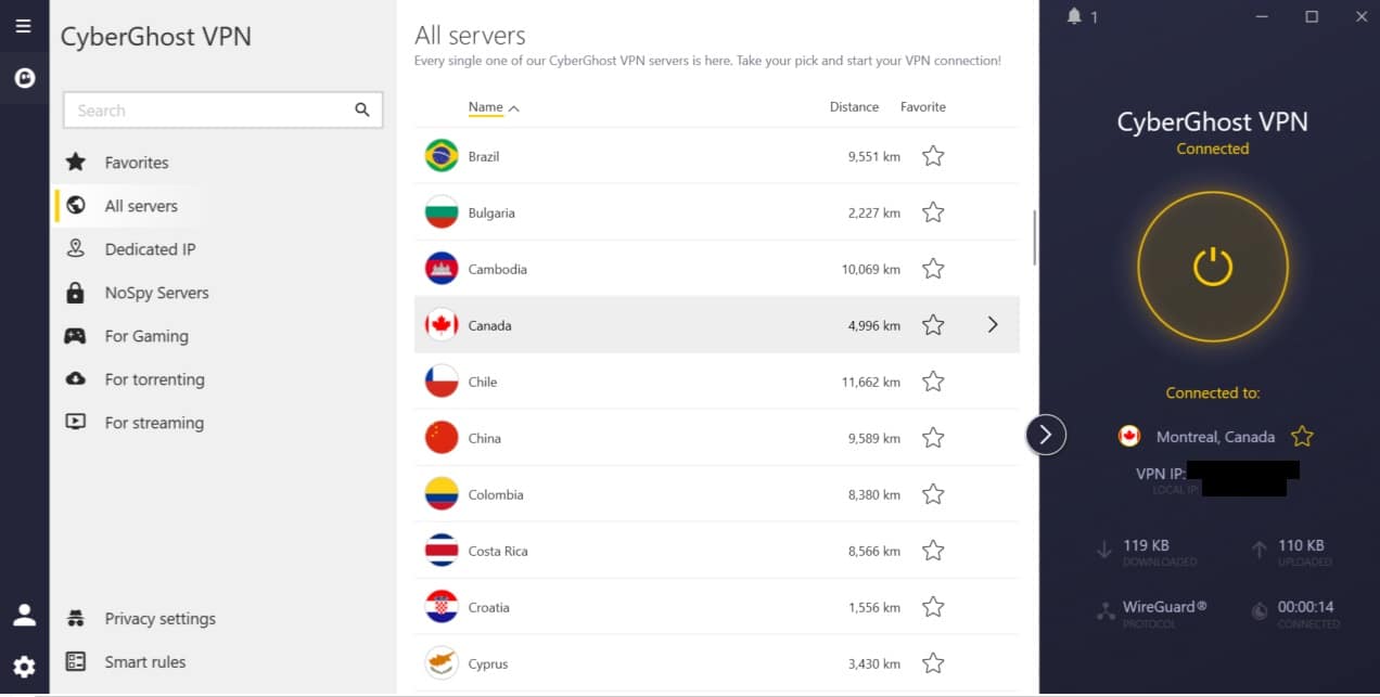 Screenshot of CyberGhost's Windows app