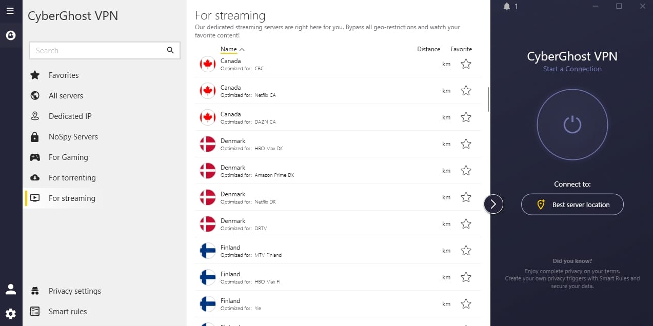 CyberGhost's streaming-optimized servers.