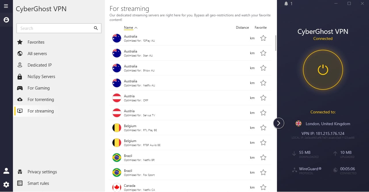 CyberGhost's streaming-optimized servers.