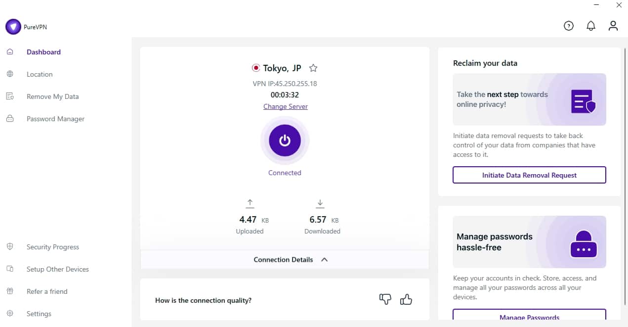 The PureVPN dashboard.