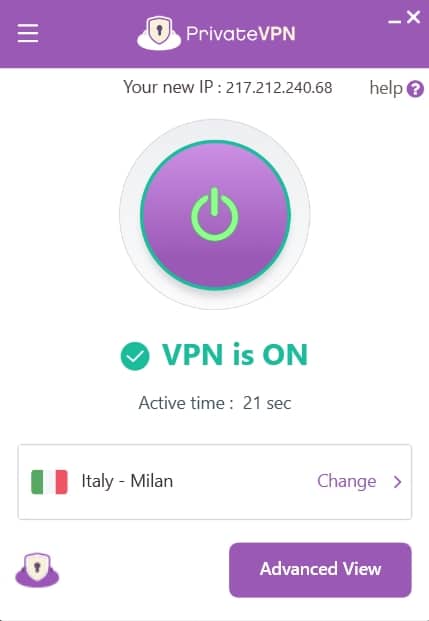 The simplified PrivateVPN dashboard.