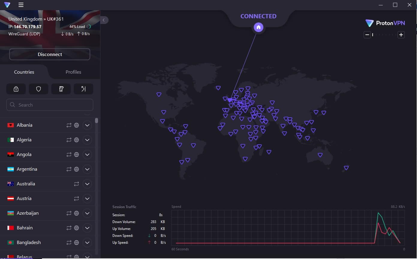 The ProtonVPN dashboard